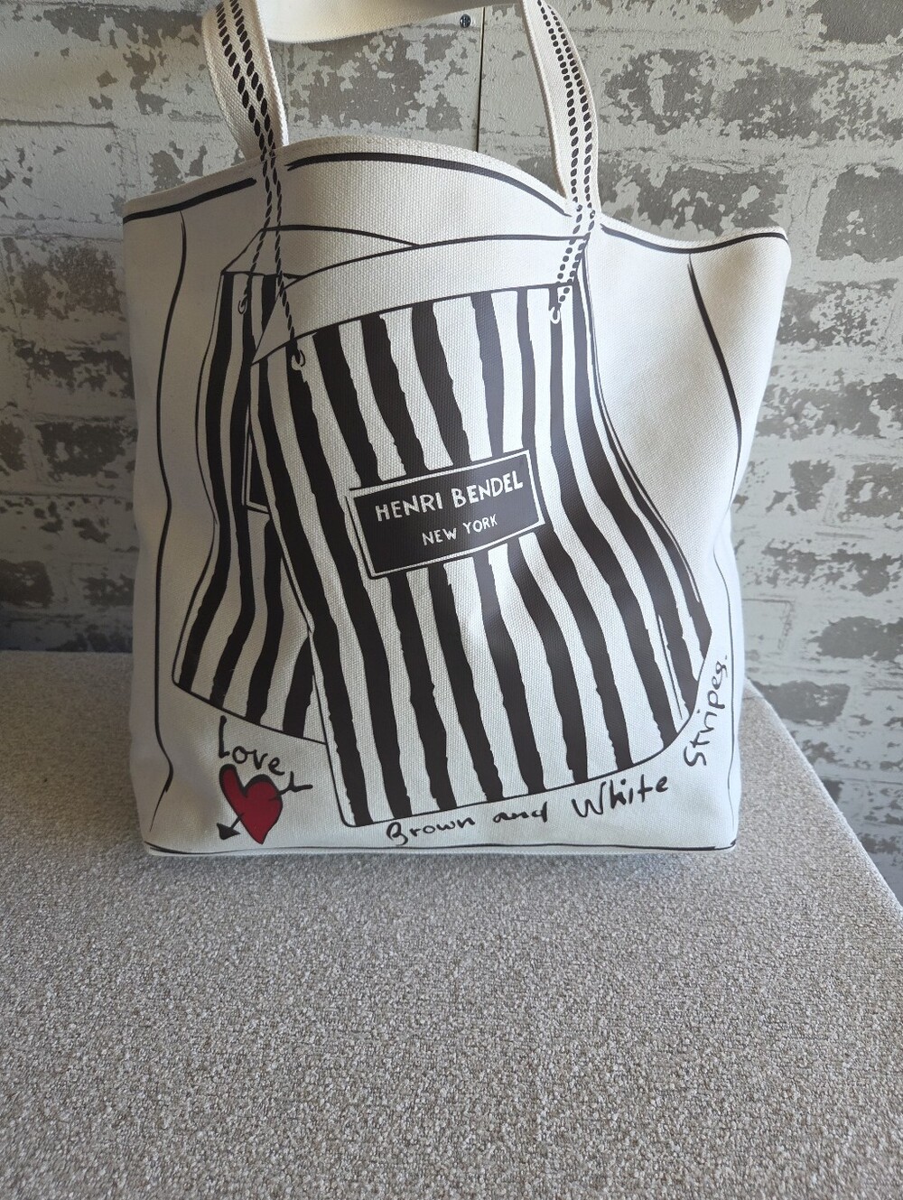 Henri Bendel NY Canvas Stripe Shopping Tote Bag "Love of Shopping" Graphic